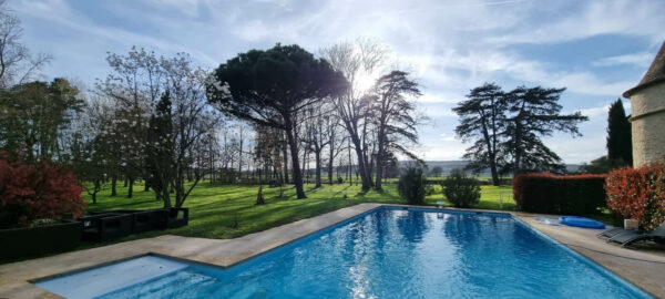 Pool and chateau in French countryside