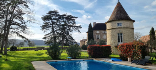 Pool and chateau in French country